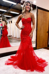 Mermaid Tulle Prom Dress Lace Up Long Formal Dress with Appliques
