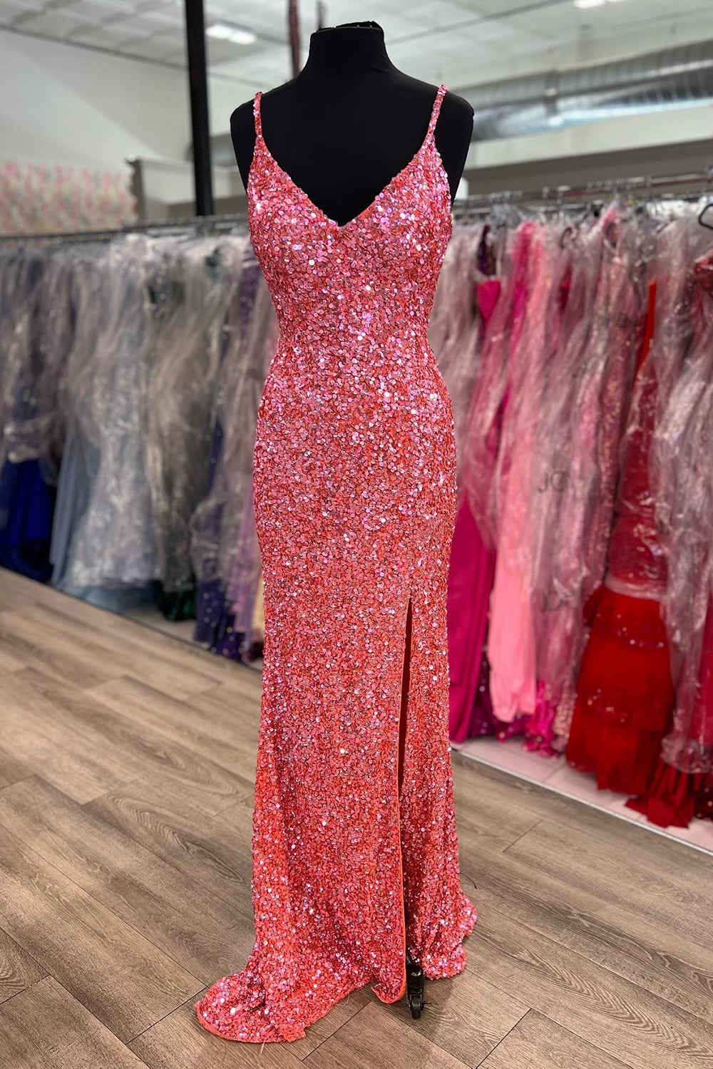 Mermaid V Neck Fuchsia Prom Dress Sequined Long Evening Dress