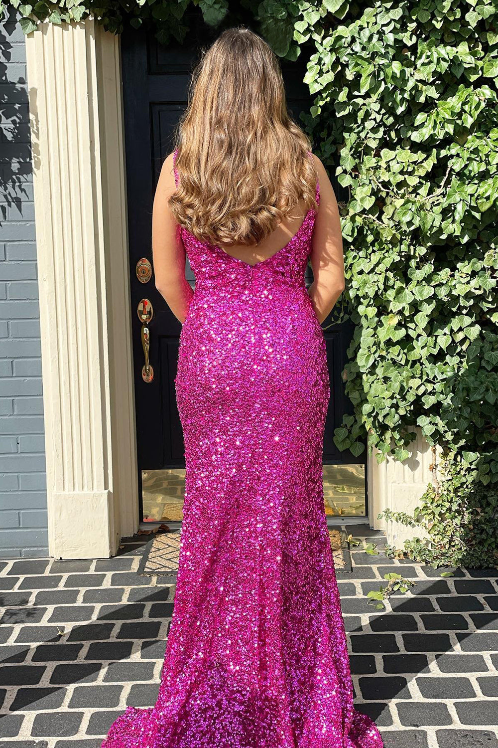 Mermaid V Neck Fuchsia Prom Dress Sequined Long Evening Dress
