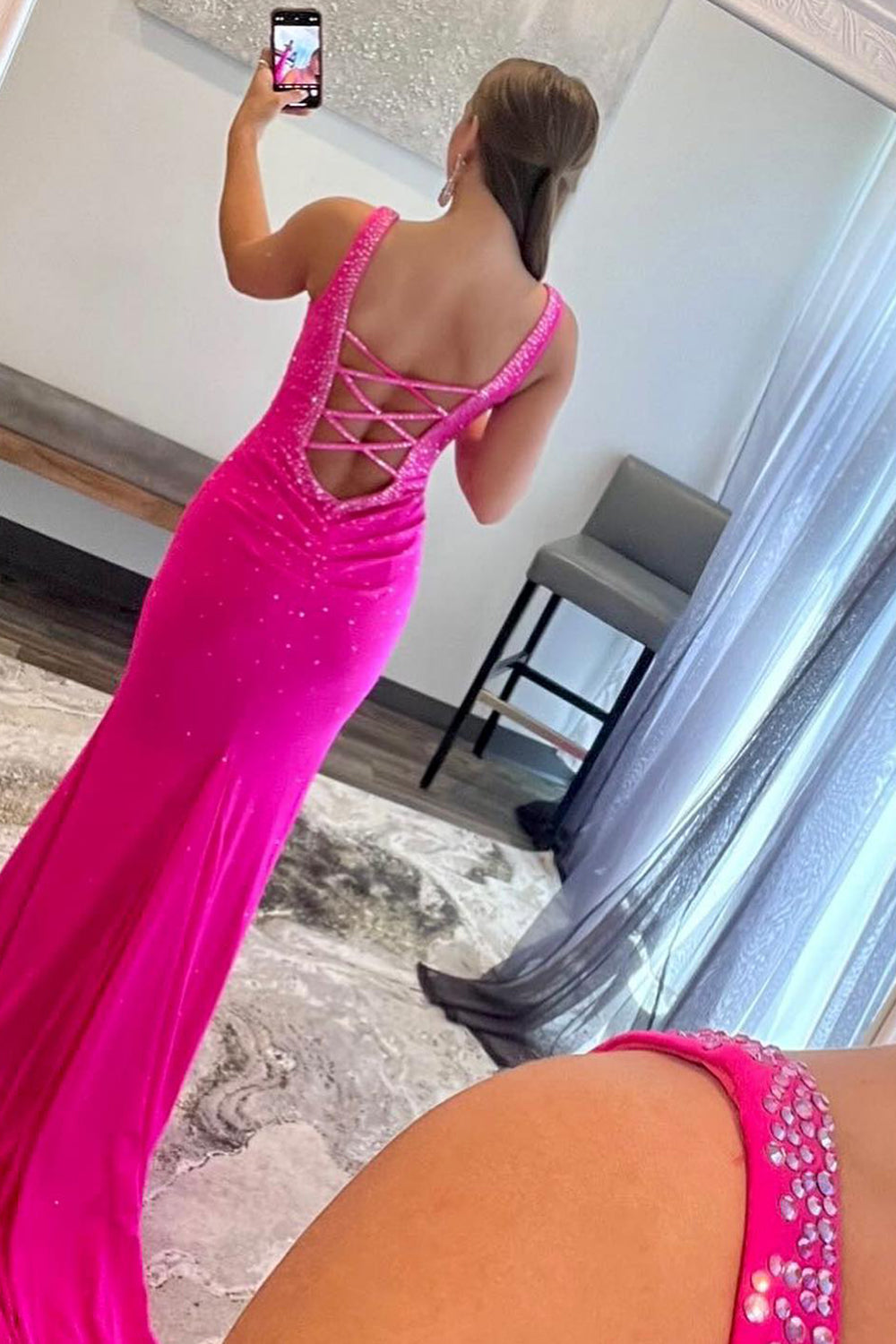Mermaid V Neck Hot Pink Prom Dress Long Evening Dress with Beading