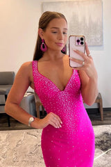 Mermaid V Neck Hot Pink Prom Dress Long Evening Dress with Beading