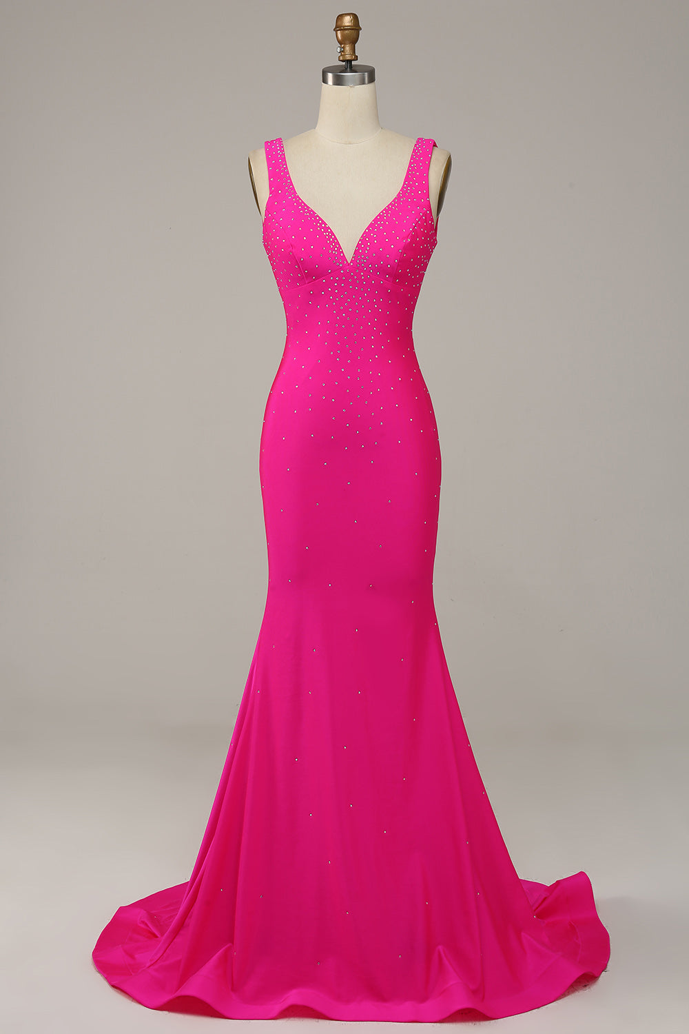 Mermaid V Neck Hot Pink Prom Dress Long Evening Dress with Beading