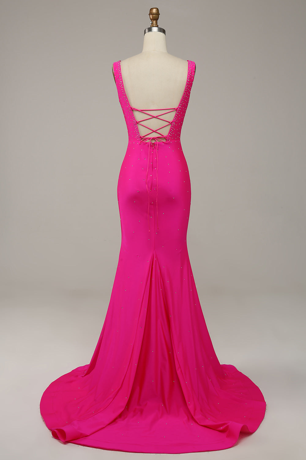 Mermaid V Neck Hot Pink Prom Dress Long Evening Dress with Beading