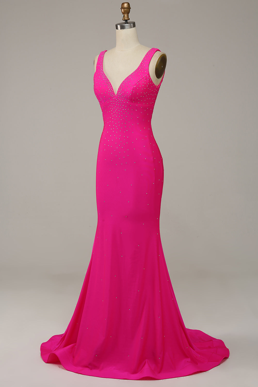 Mermaid V Neck Hot Pink Prom Dress Long Evening Dress with Beading