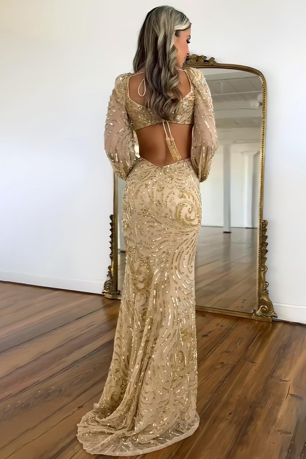 Mermaid V-Neck Sequin Long Prom Dress With Long Sleeves Formal Evening Gown