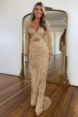 Mermaid V-Neck Sequin Long Prom Dress With Long Sleeves Formal Evening Gown