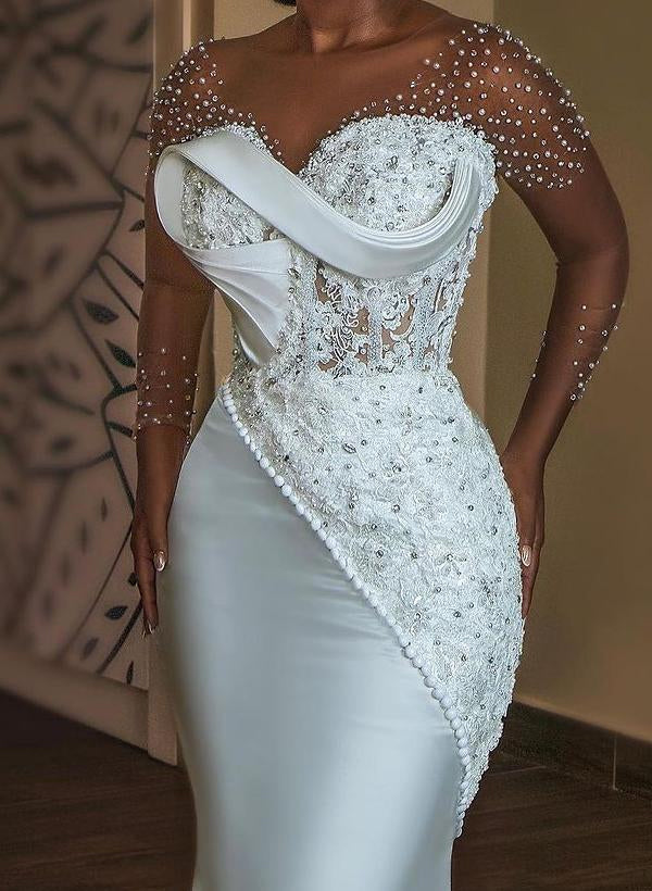 Mermaid V Neck Wedding Dress 3/4 Sleeves Satin Bridal Dress with Beaded Lace Appliques