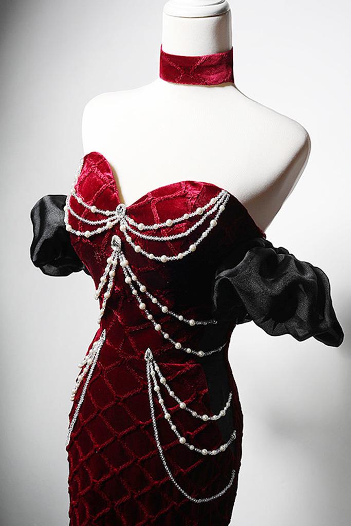 Mermaid Velvet Formal Dress Burgundy Long Evening Dress