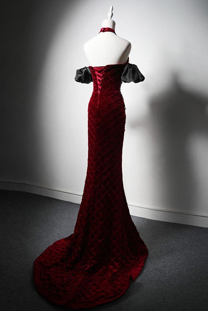 Mermaid Velvet Formal Dress Burgundy Long Evening Dress