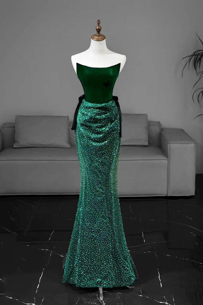 Mermaid Velvet Formal Dress Tulle Green Long Christmas Party Dress