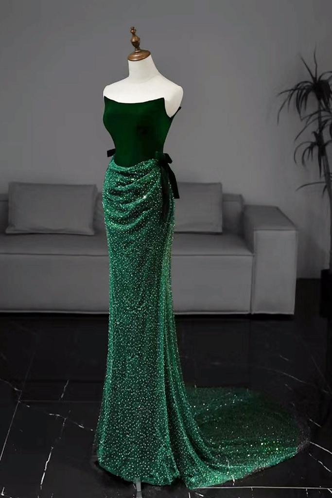Mermaid Velvet Formal Dress Tulle Green Long Christmas Party Dress