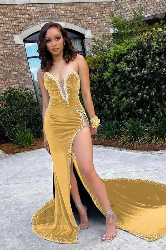 Mermaid Velvet Prom Dress V Neck Spaghetti Strap Beaded High Split Formal Dress