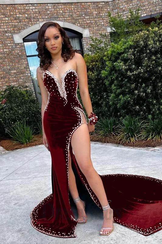 Mermaid Velvet Prom Dress V Neck Spaghetti Strap Beaded High Split Formal Dress