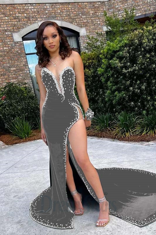 Mermaid Velvet Prom Dress V Neck Spaghetti Strap Beaded High Split Formal Dress