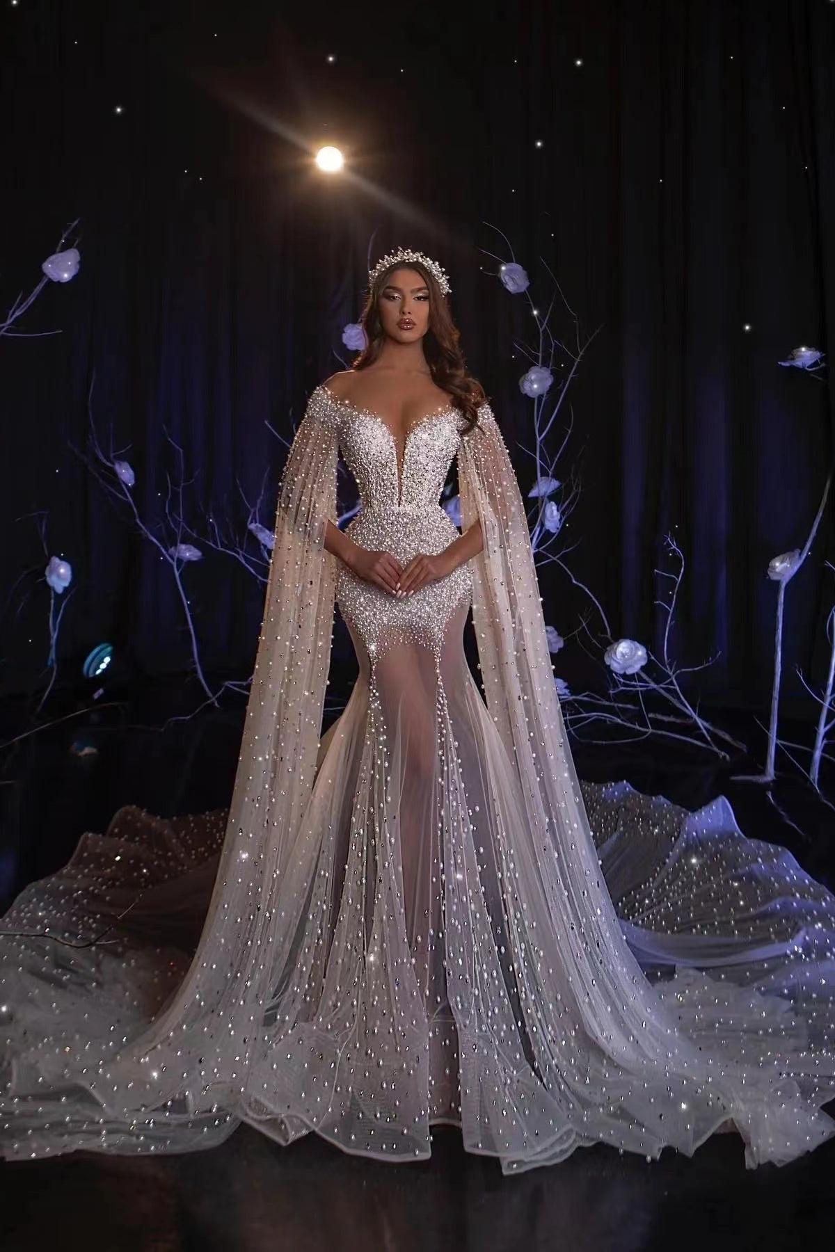 Mermaid Wedding Dress Cap Sleeve Crew Neck Bridal Gown With Sequins