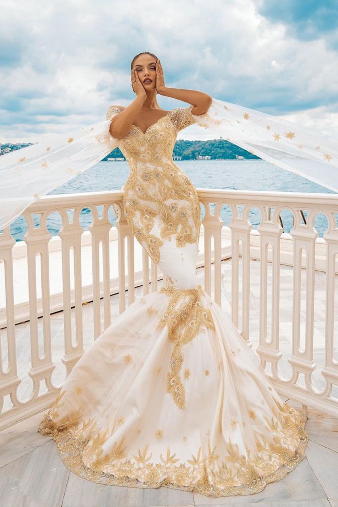 Mermaid Wedding Dress Ivory and Gold Half Sleeve Cape Bridal Gown