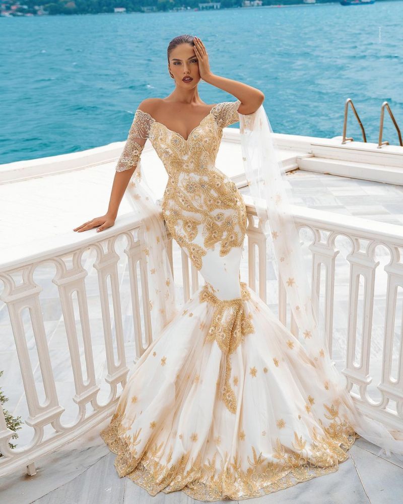 Mermaid Wedding Dress Ivory and Gold Half Sleeve Cape Bridal Gown