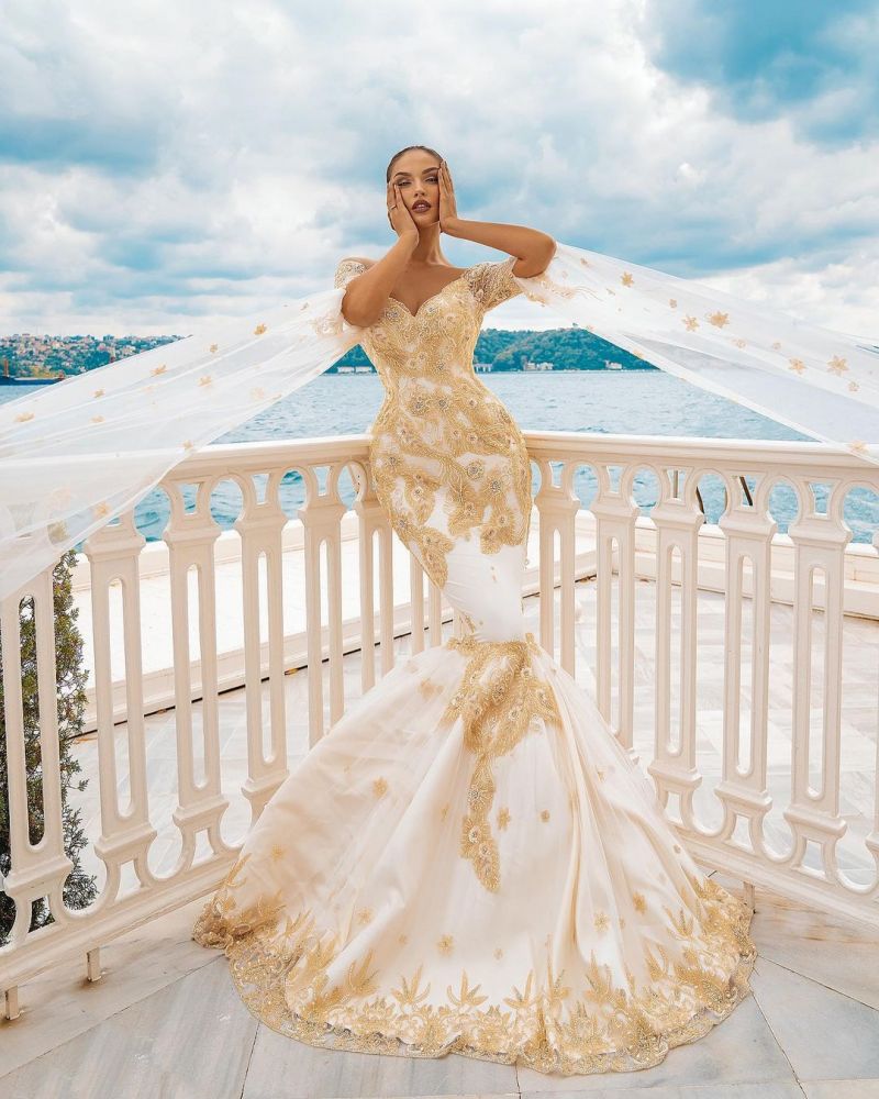 Mermaid Wedding Dress Ivory and Gold Half Sleeve Cape Bridal Gown