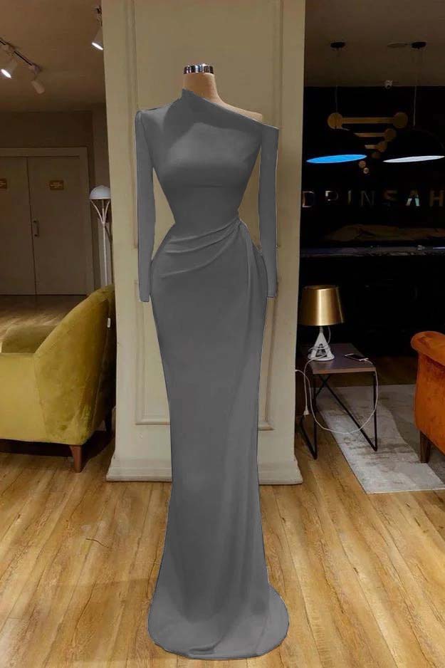 Mermaid Wedding Dress Long Sleeve Asymmetric Neck Satin Bridal Gown