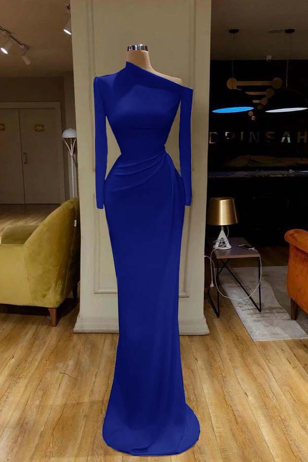 Mermaid Wedding Dress Long Sleeve Asymmetric Neck Satin Bridal Gown