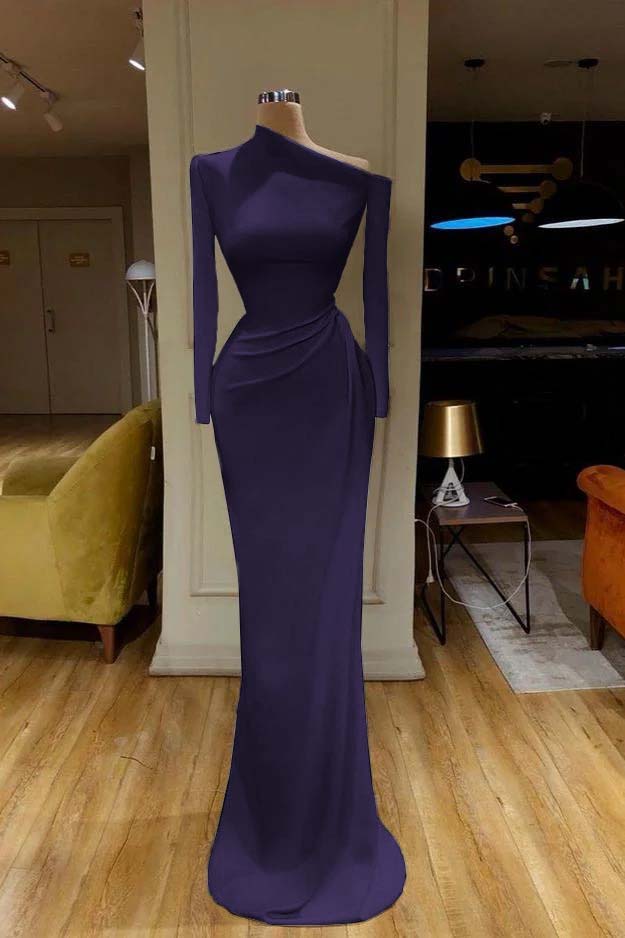 Mermaid Wedding Dress Long Sleeve Asymmetric Neck Satin Bridal Gown