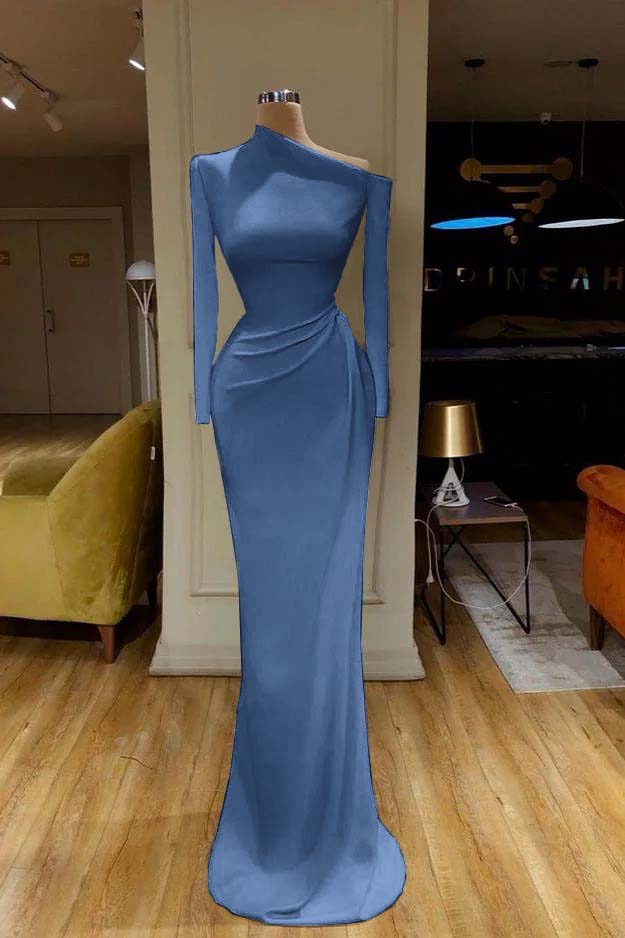 Mermaid Wedding Dress Long Sleeve Asymmetric Neck Satin Bridal Gown