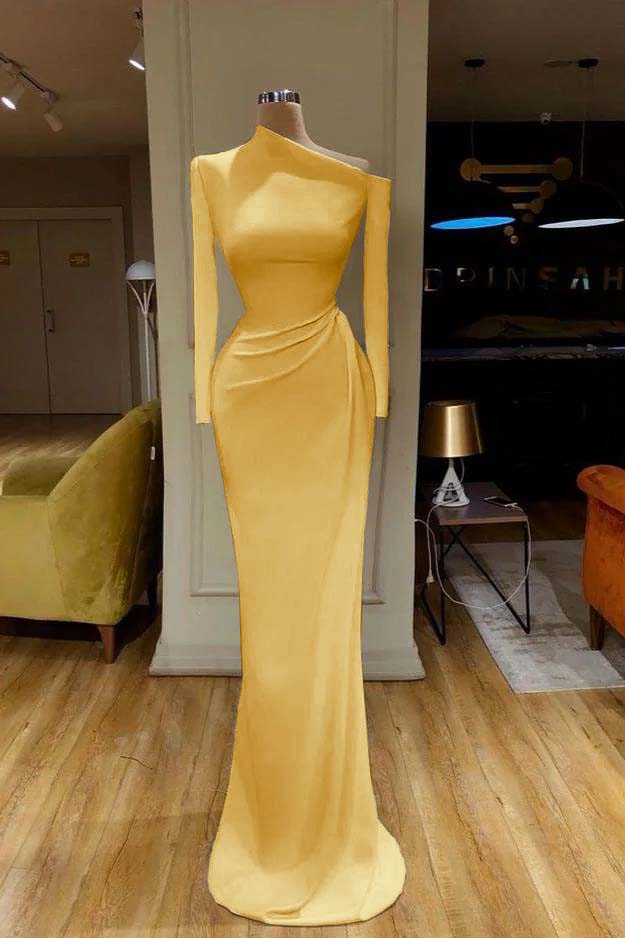Mermaid Wedding Dress Long Sleeve Asymmetric Neck Satin Bridal Gown