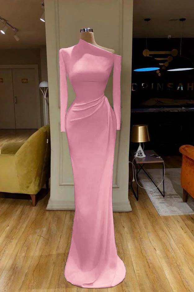 Mermaid Wedding Dress Long Sleeve Asymmetric Neck Satin Bridal Gown