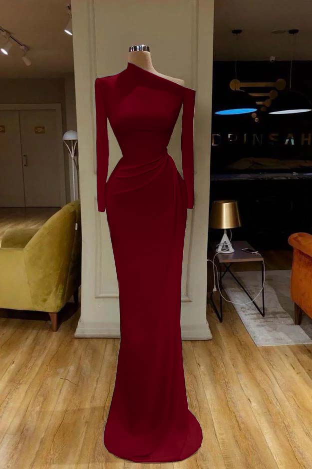 Mermaid Wedding Dress Long Sleeve Asymmetric Neck Satin Bridal Gown
