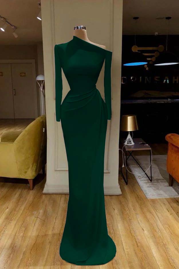 Mermaid Wedding Dress Long Sleeve Asymmetric Neck Satin Bridal Gown