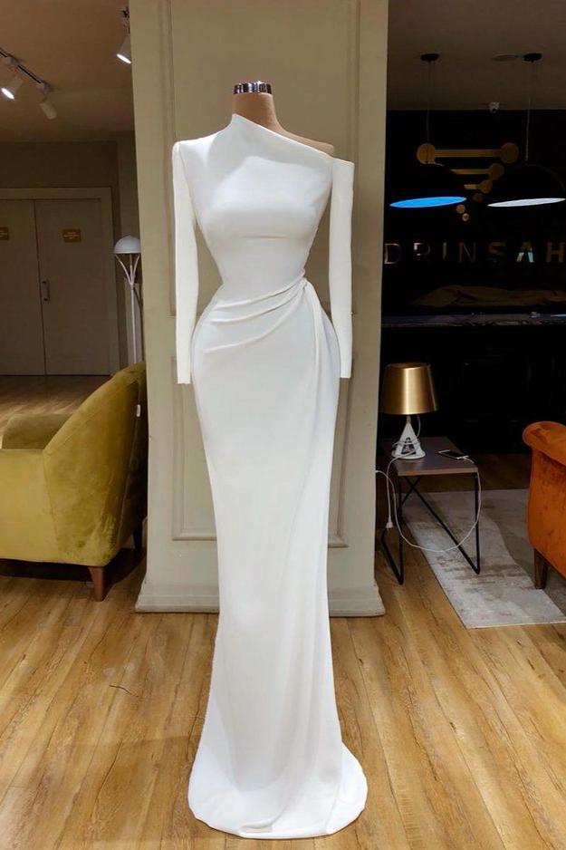Mermaid Wedding Dress Long Sleeve Asymmetric Neck Satin Bridal Gown