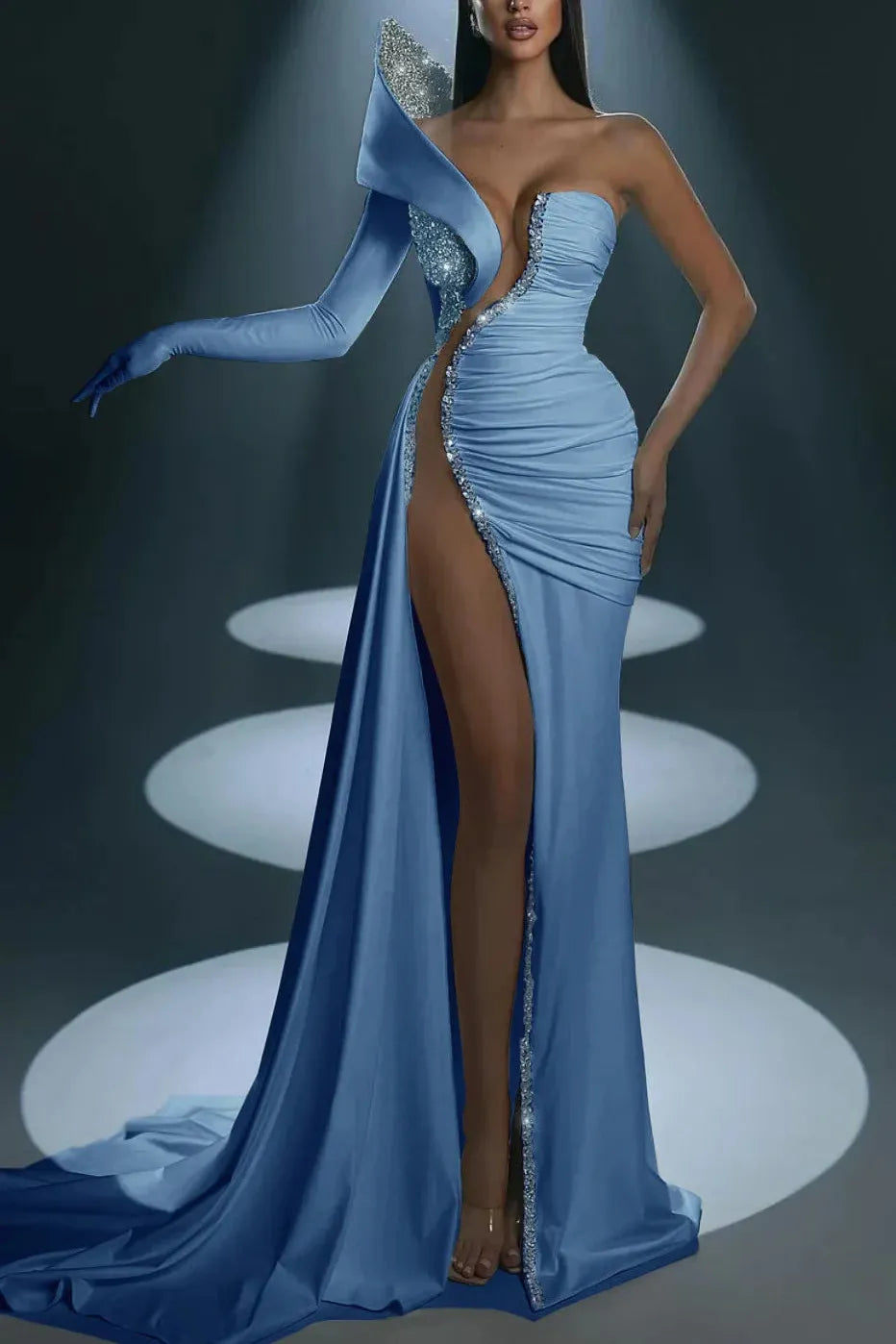 Mermaid Wedding Dress Long Sleeve One Shoulder Formal Dress With Beadings and Rhinestones