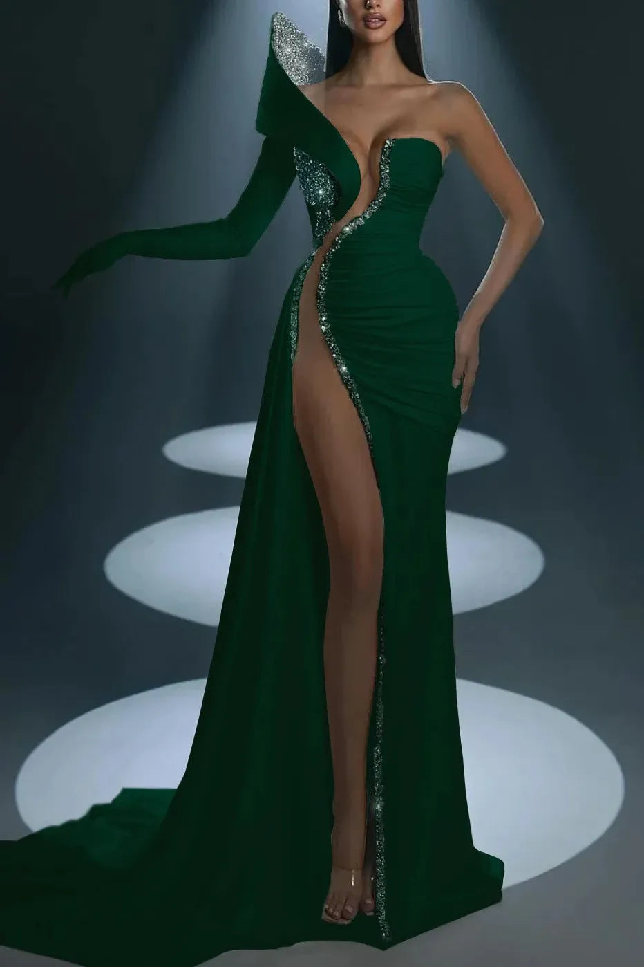 Mermaid Wedding Dress Long Sleeve One Shoulder Formal Dress With Beadings and Rhinestones