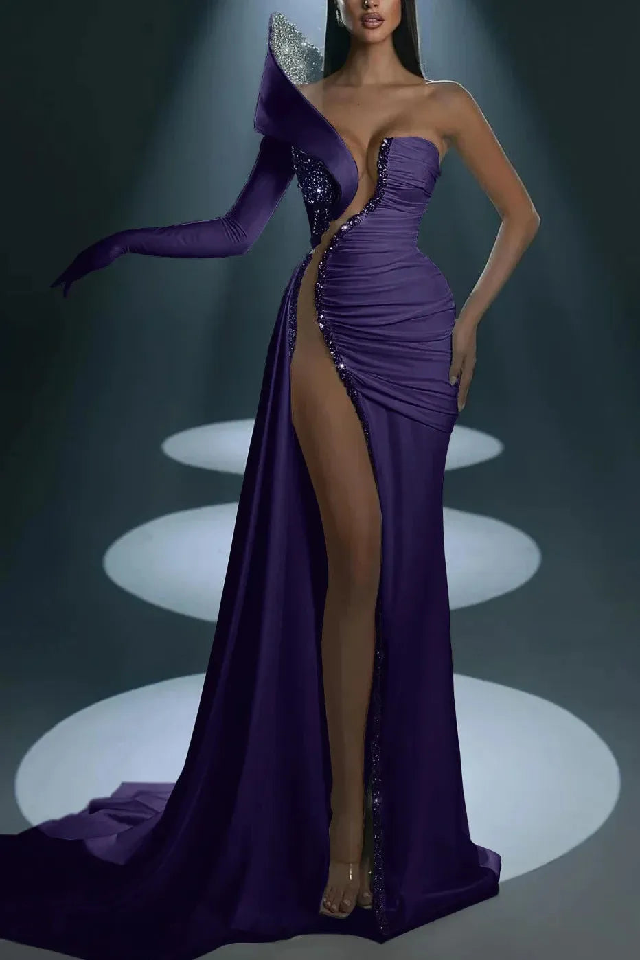 Mermaid Wedding Dress Long Sleeve One Shoulder Formal Dress With Beadings and Rhinestones
