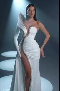 Mermaid Wedding Dress Long Sleeve One Shoulder Formal Dress With Beadings and Rhinestones