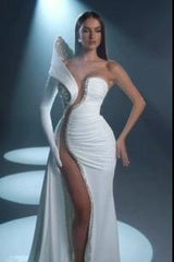 Mermaid Wedding Dress Long Sleeve One Shoulder Formal Dress With Beadings and Rhinestones