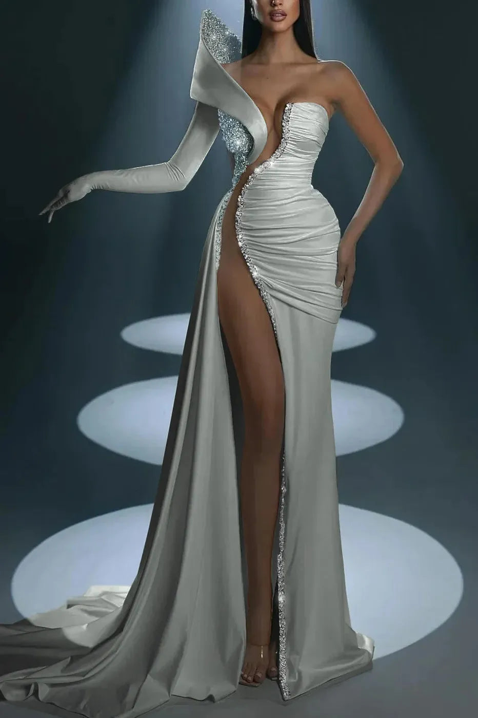 Mermaid Wedding Dress Long Sleeve One Shoulder Formal Dress With Beadings and Rhinestones