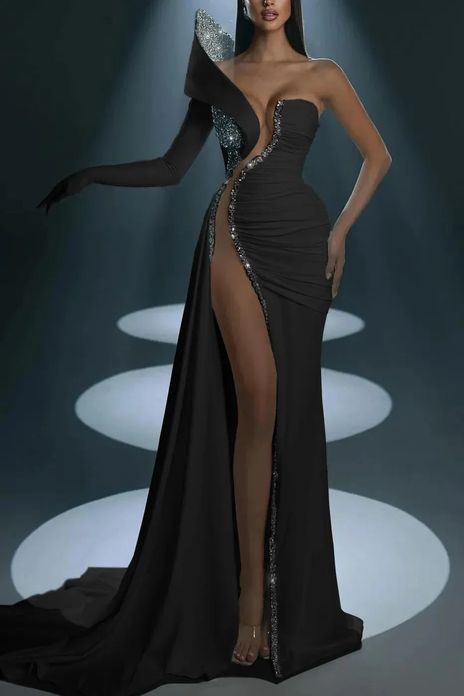 Mermaid Wedding Dress Long Sleeve One Shoulder Formal Dress With Beadings and Rhinestones