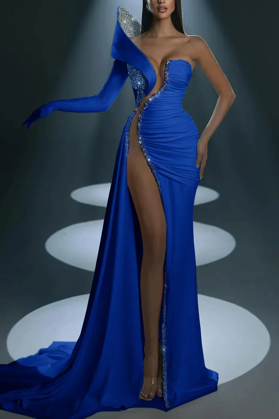 Mermaid Wedding Dress Long Sleeve One Shoulder Formal Dress With Beadings and Rhinestones