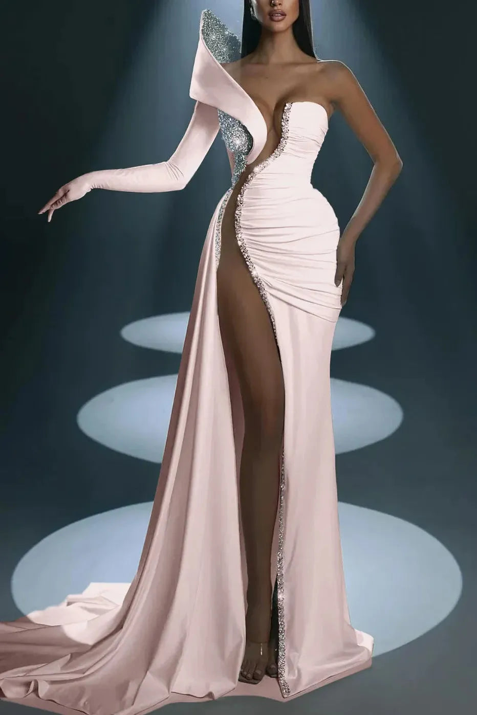 Mermaid Wedding Dress Long Sleeve One Shoulder Formal Dress With Beadings and Rhinestones