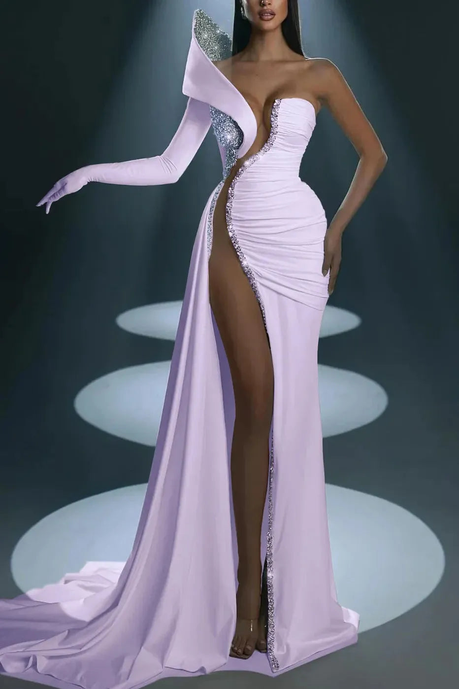 Mermaid Wedding Dress Long Sleeve One Shoulder Formal Dress With Beadings and Rhinestones