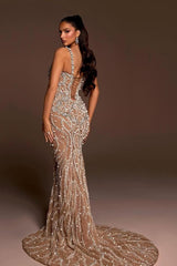 Mermaid Wedding Dress Spaghetti Straps Beaded Tulle Bridal Gown with Panel Train