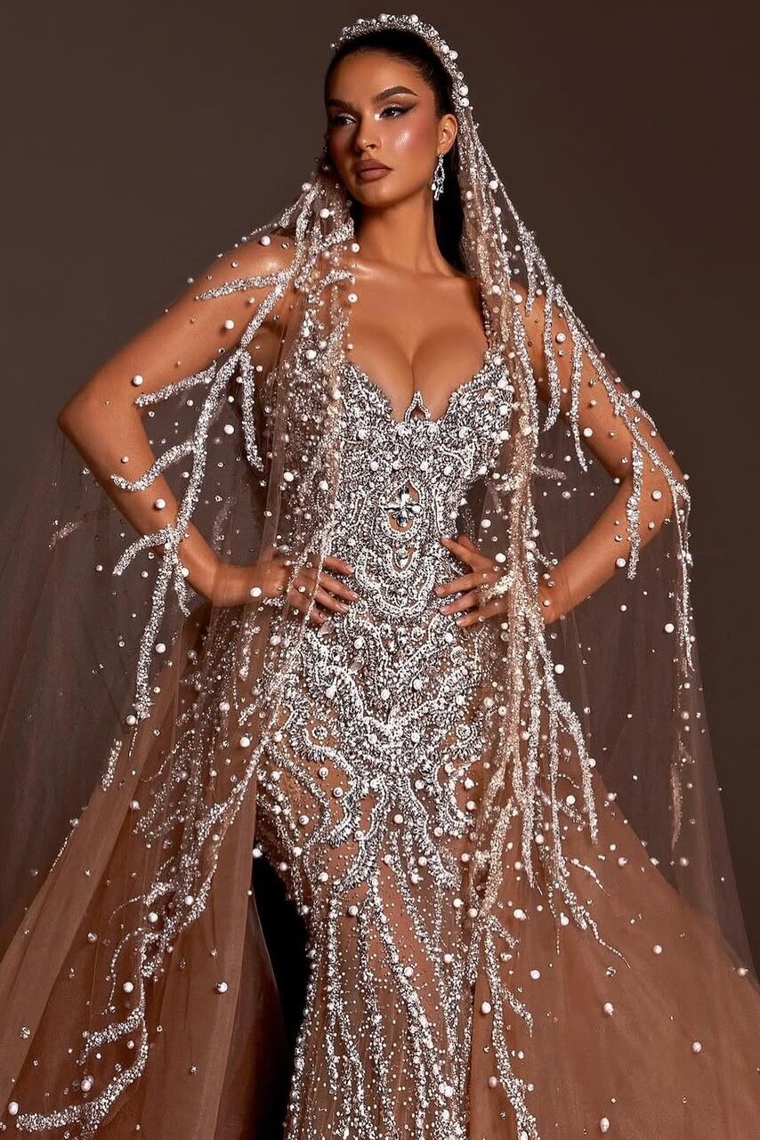 Mermaid Wedding Dress Spaghetti Straps Beaded Tulle Bridal Gown with Panel Train