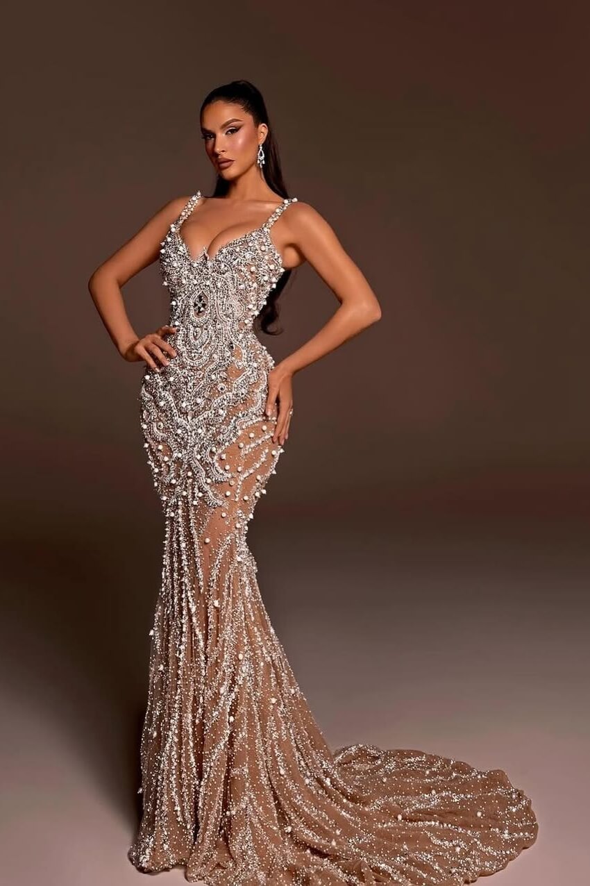 Mermaid Wedding Dress Spaghetti Straps Beaded Tulle Bridal Gown with Panel Train