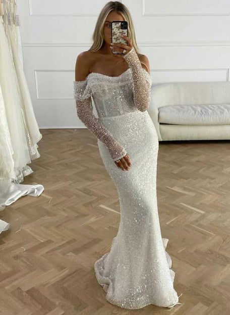 Mermaid Wedding Dress with Sequined Long Sleeves