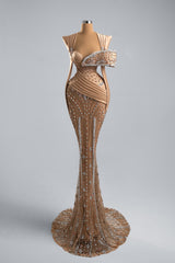 Mermaid Formal Dress Champagne Sweetheart Neck Prom Dress with Beadings and Rhinestones