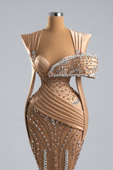 Mermaid Formal Dress Champagne Sweetheart Neck Prom Dress with Beadings and Rhinestones