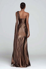 Dressystars Metallic Brown One Shoulder Long Mermaid Prom Dress With Slit