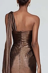 Dressystars Metallic Brown One Shoulder Long Mermaid Prom Dress With Slit