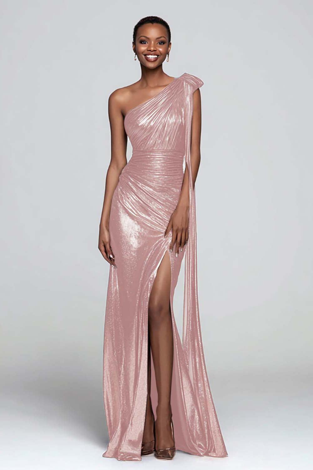 Dressystars Metallic Brown One Shoulder Long Mermaid Prom Dress With Slit